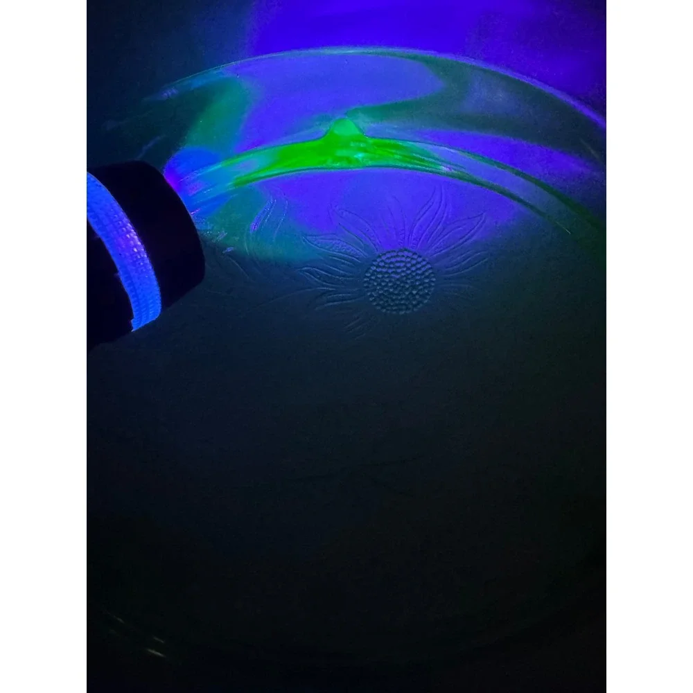 Vintage Uranium Depression Glass Cake Plate Floral Pattern Footed Glows Under UV